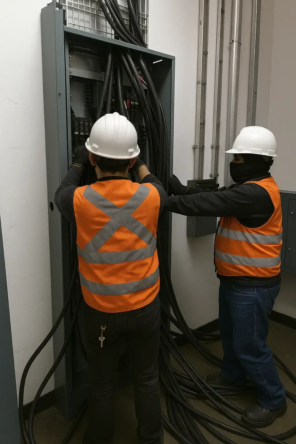 Fotografía de dos hombres del equipo de MTY Breaker realizando tareas de mantenimiento en instalaciones eléctricas.