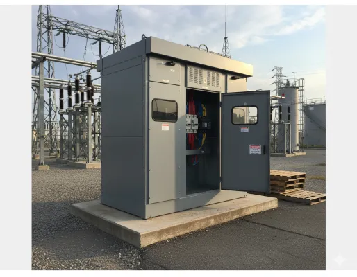 Una de las subestaciones compactas ubicada al aire libre en una zona eléctrica, con puertas abiertas que muestran el acomodo interno del equipo.