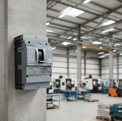 Un interruptor termomagnético fijado a una columna de concreto en un espacio industrial, acompañado por diferentes equipos y estaciones de producción al fondo.
