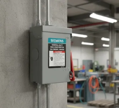 Un interruptor de seguridad Siemens instalado sobre un muro gris dentro de un área industrial, con su etiqueta de especificaciones y una palanca roja lateral.