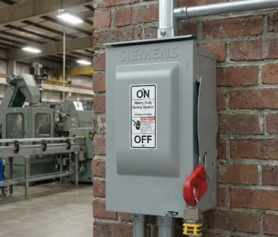 Un interruptor de seguridad de carcasa gris fijado a una pared de ladrillo, acompañado de una palanca roja y cableado expuesto.