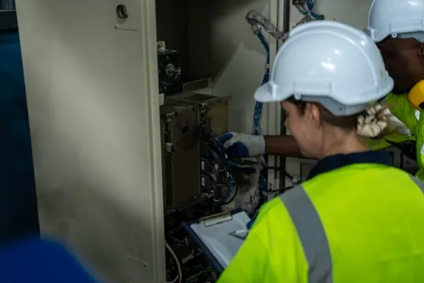 Un técnico realiza mantenimiento a subestaciones eléctricas revisando un panel lleno de cables y componentes.