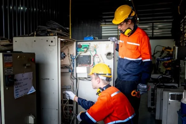 Dos trabajadores colaboran en el mantenimiento a subestaciones eléctricas revisando un gabinete industrial.