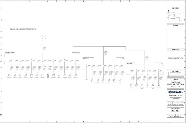 Plano técnico de líneas y símbolos eléctricos que muestra la estructura de distribución de energía, característico de los diagramas unifilares.