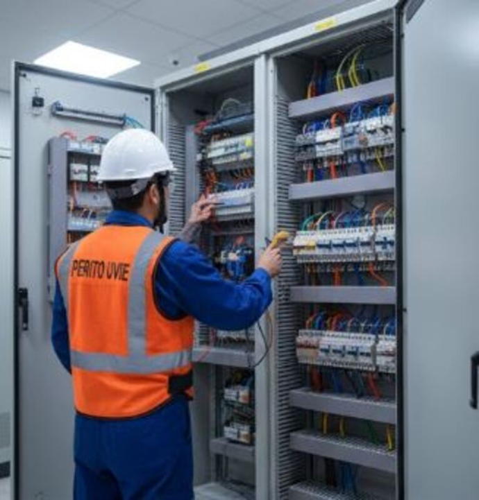 Vista de un perito verificador realizando una inspección real dentro de una planta.