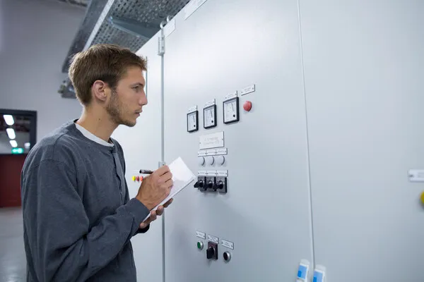 Vista de una persona con una nota haciendo el dictamen de verificación de instalaciones eléctricas