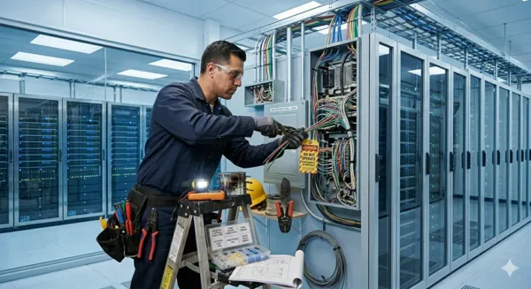 Visita general de un técnico en donde se puede ver cómo le da mantenimiento a un sistema de instalaciones eléctricas.