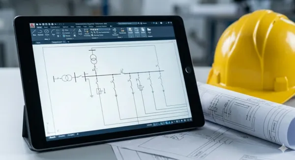 Primer plano de un escritorio de ingeniería limpio y organizado. Sobre él, se encuentra una tableta con un software de diseño abierto que muestra un diagrama unifilar profesional con líneas limpias y símbolos normalizados. Junto a la tableta, hay un casco de seguridad amarillo y planos técnicos impresos.