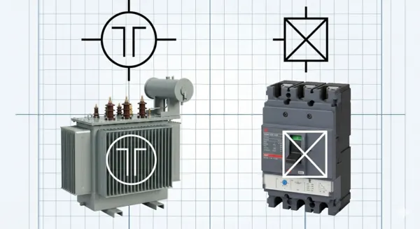 En la parte superior, se muestran símbolos eléctricos técnicos normalizados (como el de un transformador de potencia, una "T" dentro de un círculo, e interruptores, líneas con una "X").