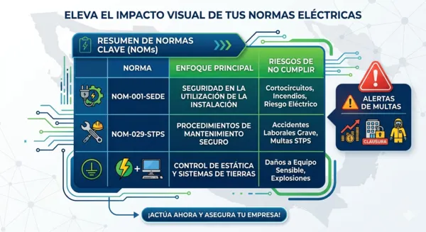 Una infografía profesional que presenta una tabla comparativa clara de las principales Normas Eléctricas Oficiales Mexicanas (NOM-001-SEDE, NOM-029-STPS, NOM-022-STPS). La tabla destaca los enfoques principales de cada norma y los riesgos legales y operativos de no cumplirlas, como cortocircuitos, multas de la STPS y daños a equipos.