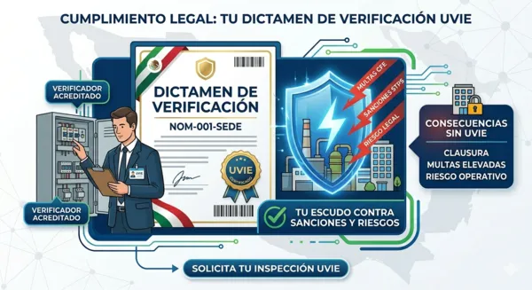 Infografía sobre el Dictamen de Verificación UVIE (NOM-001-SEDE) que muestra a un verificador acreditado, un escudo protector contra multas de CFE y sanciones de STPS, y una lista de consecuencias por falta de cumplimiento como clausuras y riesgos operativos.