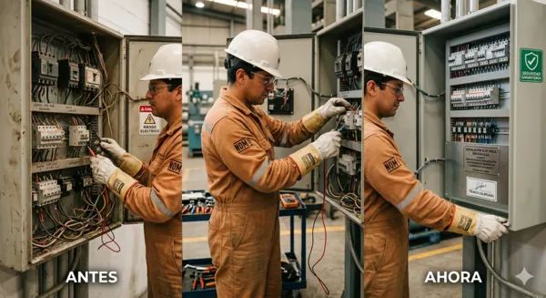 Infografía de tres paneles que muestra a un técnico eléctrico realizando el mantenimiento preventivo y correctivo de un tablero industrial; se observa la transición de una instalación desordenada a una segura, etiquetada y certificada bajo normativas NOM.