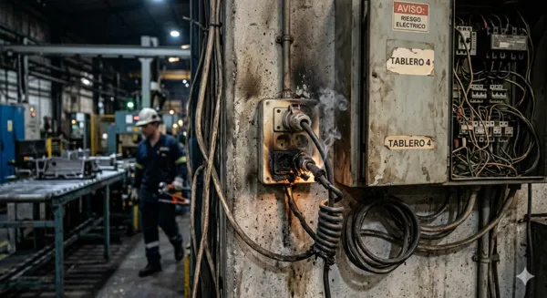 Primer plano de un enchufe industrial sobrecalentado y con marcas de quemaduras conectado a un tablero eléctrico con cables desordenados en una fábrica, ilustrando un riesgo inminente de cortocircuito.