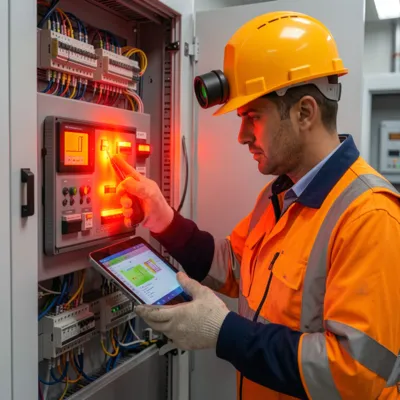 Un ingeniero eléctrico certificado, usando equipo de protección personal (EPP) completo, inspecciona un tablero de control eléctrico moderno en una empresa utilizando una cámara térmica y una tableta para diagnosticar puntos calientes y prevenir fallas.