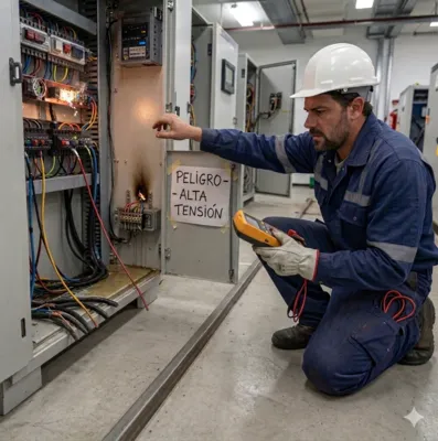 Un técnico de mantenimiento eléctrico utiliza un multímetro profesional y herramientas de prueba para verificar la continuidad y resistencia, garantizando la seguridad en instalaciones eléctricas.