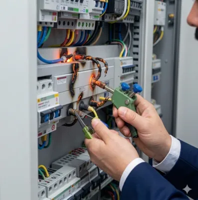 Técnico electricista revisando un tablero de control industrial con herramientas de medición tras un cortocircuito.