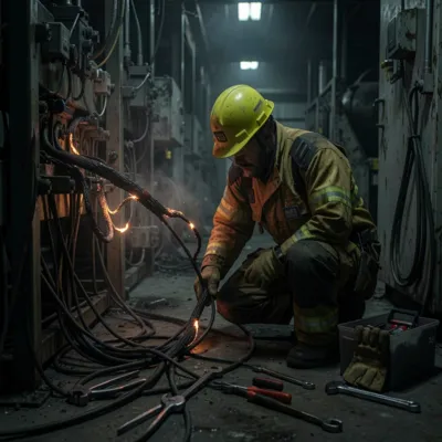 Vista de una línea de producción industrial apagada y en sombras, con un técnico de emergencia revisando un cable quemado en un entorno de trabajo estresante.