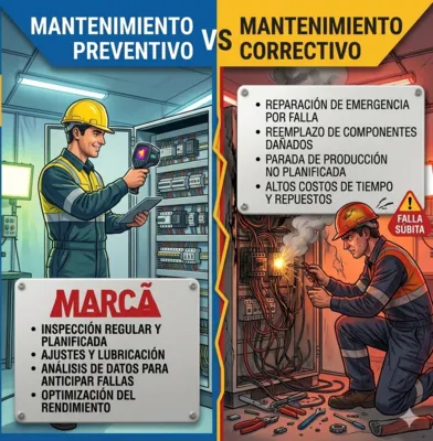 Infografía que divide la pantalla en dos: a la izquierda, un técnico realizando una termografía organizada (preventivo); a la derecha, chispas y un tablero dañado con un reloj marcando tiempo perdido (correctivo).