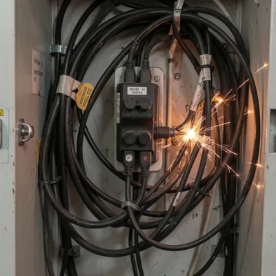 Fotografía de un centro de carga con cables enredados, falta de etiquetas y conexiones expuestas, representando un riesgo inminente de cortocircuito.
