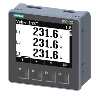 SENTRON PAC1020 96 × 96 MM DISPOSITIVO DE VIGILANCIA ELÉCTRICA INCORPORADO EN PANEL PARA MEDIR MAGNITUDES ELÉCTRICAS PROTOCOLO: MODBUS RTU CON DISPLAY GRÁFICO UE NOMINAL MÁX.: 400/230 V 4565 HZ IE NOMINAL: X/5A AC ENERGÍA AUXILIAR: 85 V  276 V AC CONEXIÓN POR BORNE DE TORNILLO