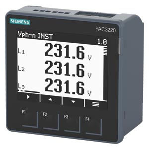 [7KM32201BA011EA0] SENTRON PAC3220 LCD 96×96 MM DISPOSITIVO DE VIGILANCIA ELÉCTRICA INCORPORADO EN PANEL PARA MEDIR MAGNITUDES ELÉCTRICAS PROTOCOLO: MODBUS TCP CON DISPLAY GRÁFICO UE NOMINAL: 690/400 V 4565 HZ IE NOMINAL: X/1A O BIEN X/5A AC ENERGÍA AUXILIAR: 24...60 V –20/+10 % C.D. CONEXIÓN POR BORNE DE TORNILLO